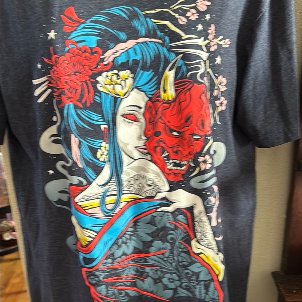 Dark Graphic Tee with Geisha and Oni Art